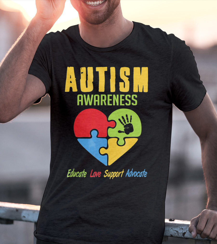 Autism Awareness Advocate Educate Love Support Puzzle Heart Handprint T-Shirt