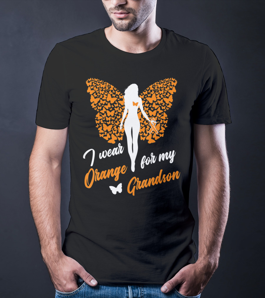 I Wear Orange For My Grandson Leukemia Butterfly Ribbon Awareness T-Shirt