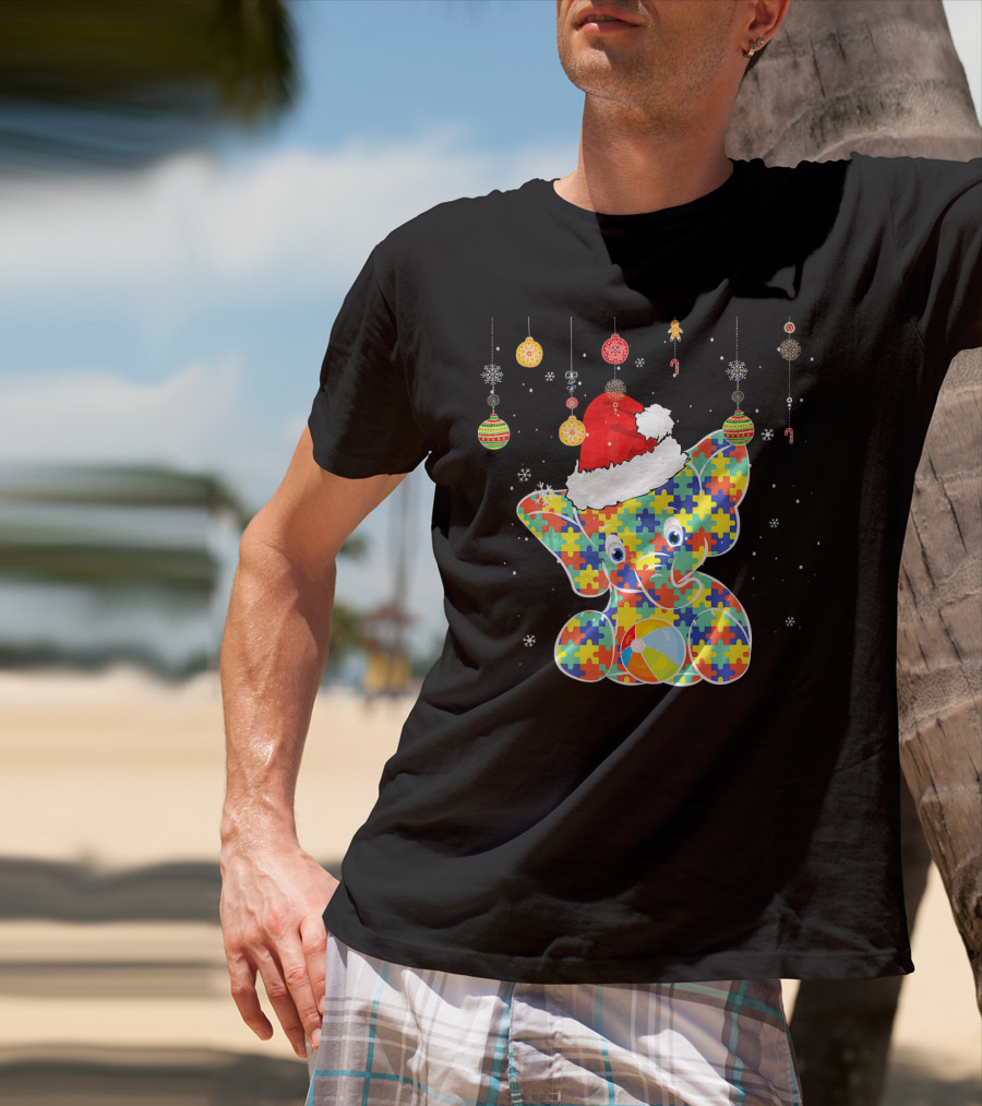 Festive Christmas Elephant In Santa Hat With Autism Puzzle T-Shirt