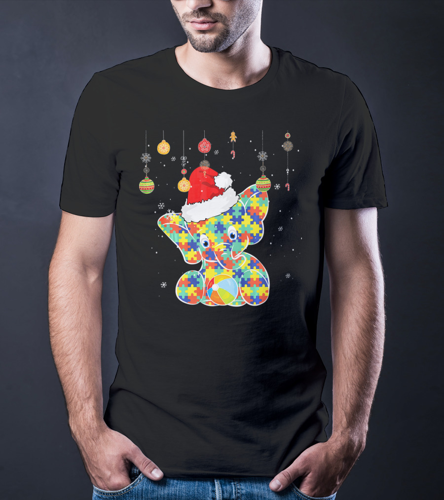 Festive Christmas Elephant In Santa Hat With Autism Puzzle T-Shirt