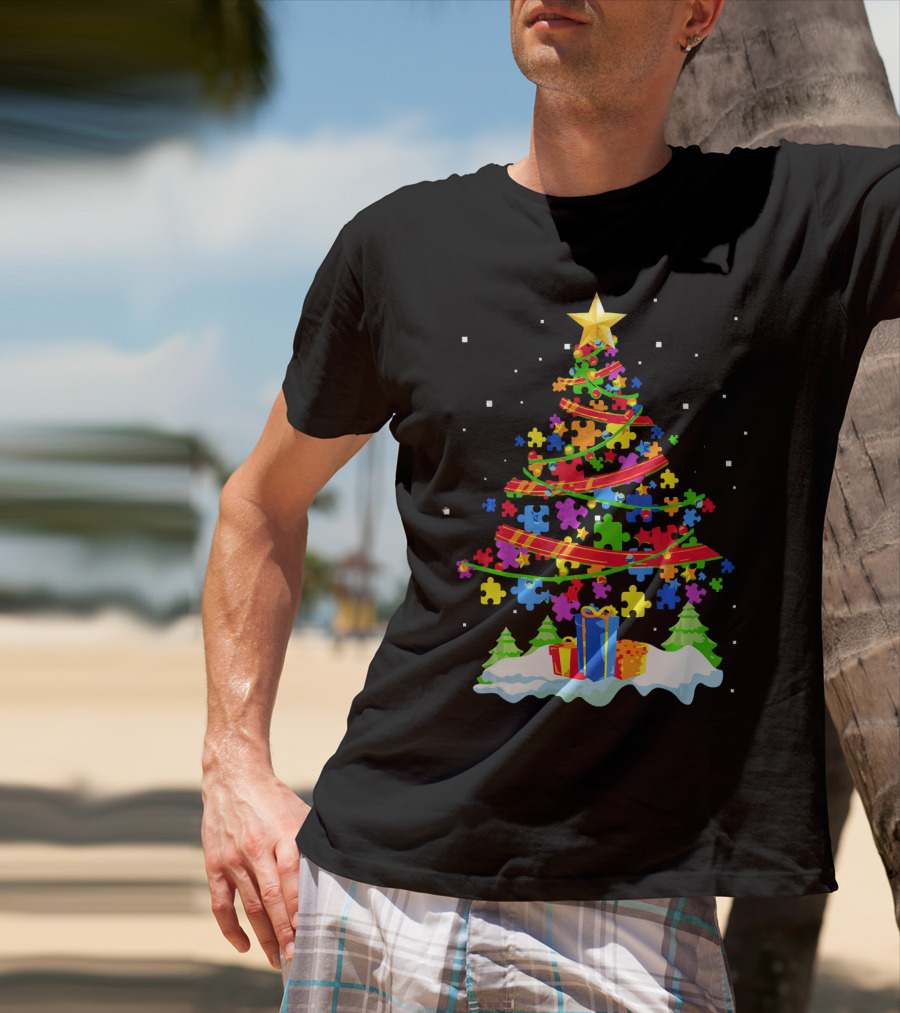 Autism Awareness Christmas Tree Puzzle Pieces Holiday Celebrations T-Shirt