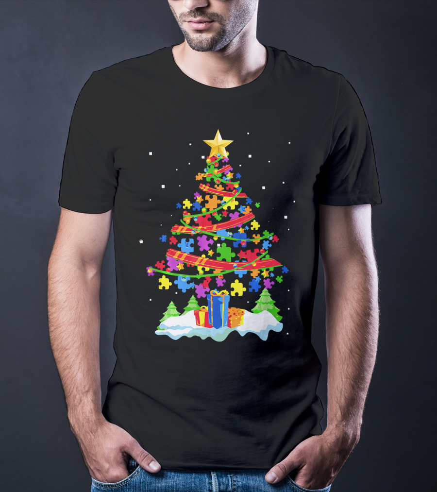 Autism Awareness Christmas Tree Puzzle Pieces Holiday Celebrations T-Shirt