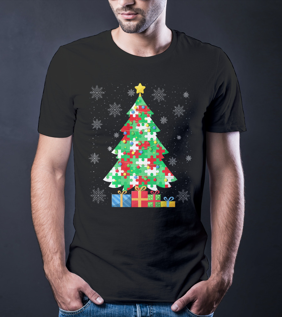 Autism Tree Christmas Puzzle Pattern With Gifts And Snowflakes T-Shirt