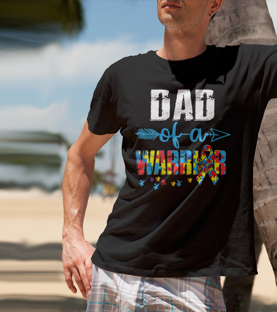 Dad Of A Warrior Autism Awareness Ribbon Arrow Puzzle T-Shirt