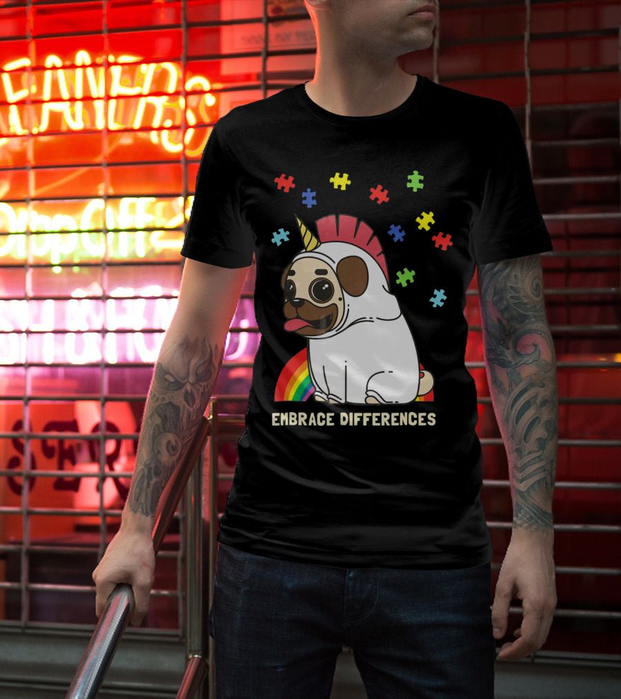 Embrace Differences Autism Awareness Unicorn Pug T-Shirt