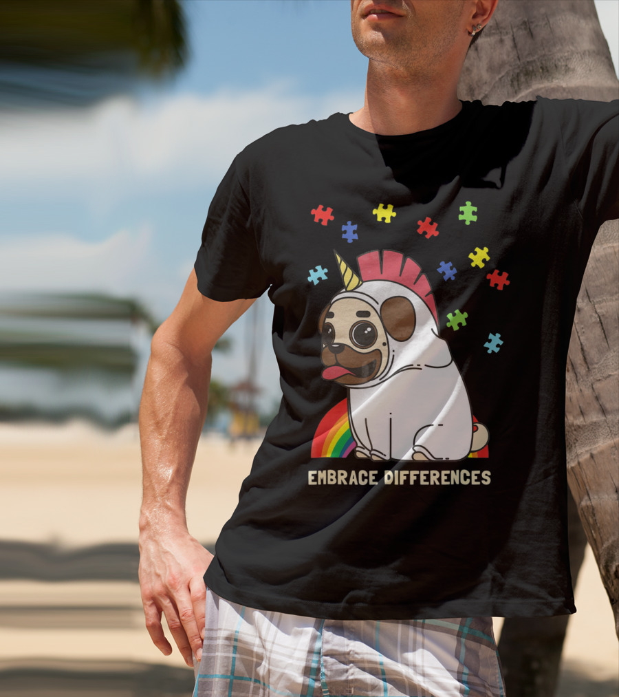 Embrace Differences Autism Awareness Unicorn Pug T-Shirt