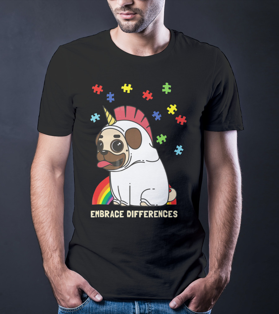 Embrace Differences Autism Awareness Unicorn Pug T-Shirt