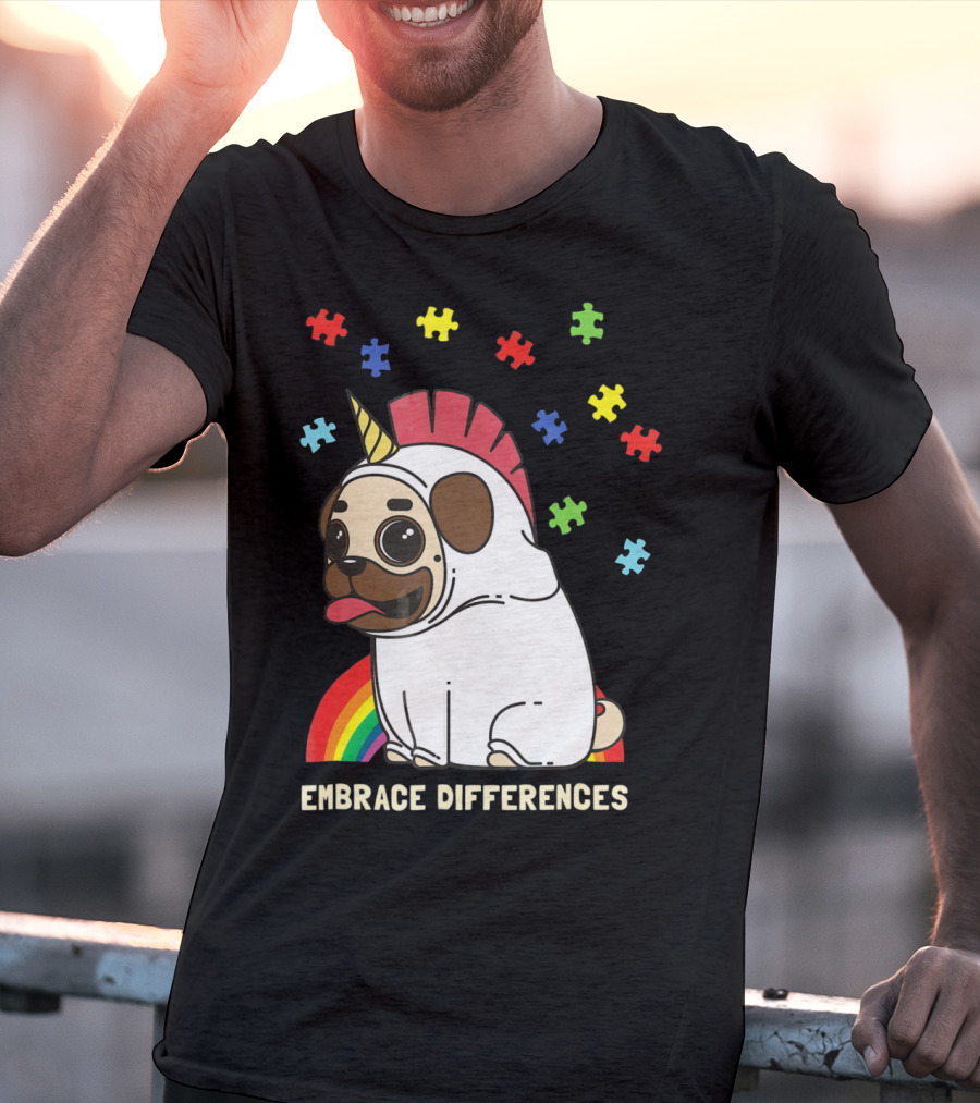 Embrace Differences Autism Awareness Unicorn Pug T-Shirt