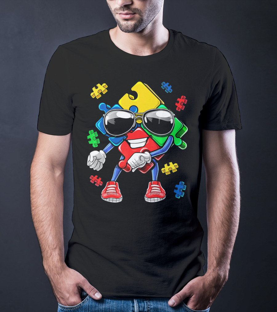 Autism Awareness Flossing Puzzle Piece With Sunglasses And Sneakers T-Shirt