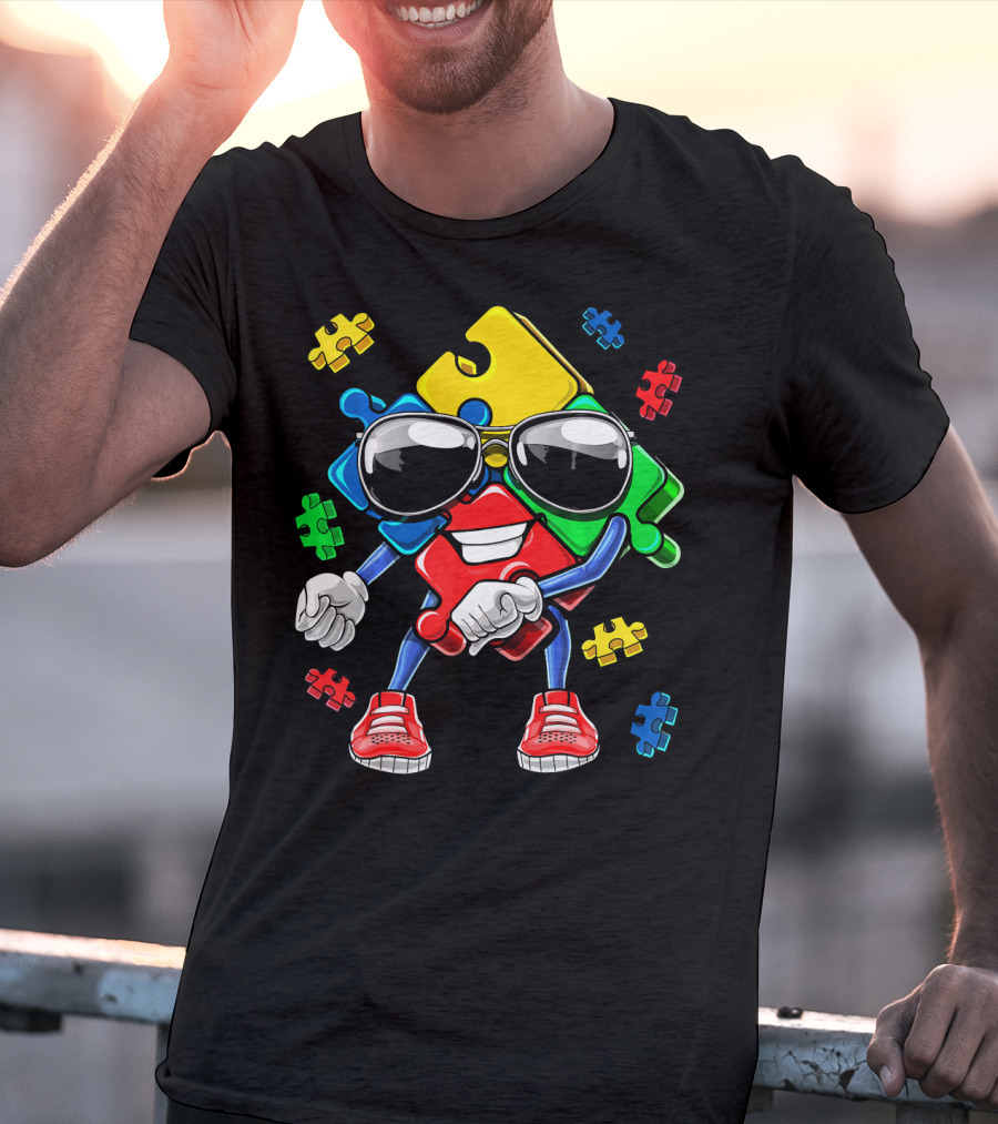 Autism Awareness Flossing Puzzle Piece With Sunglasses And Sneakers T-Shirt