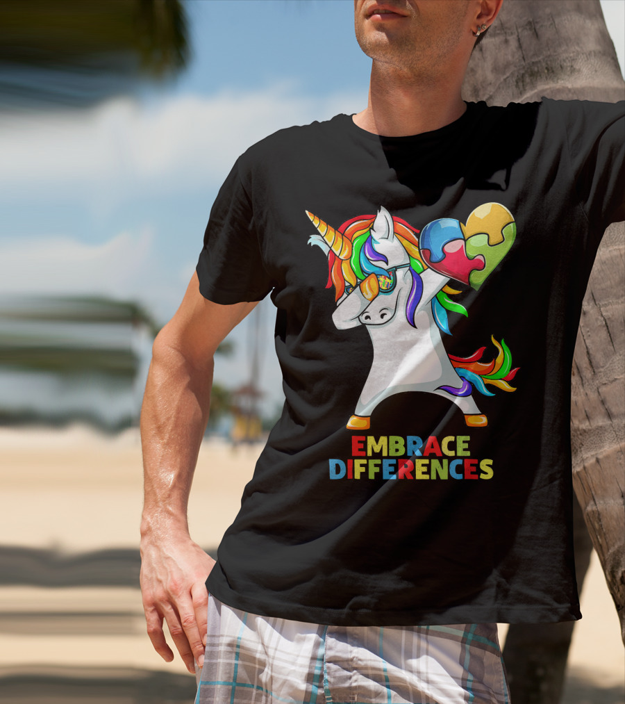 Dabbing Unicorn Embrace Differences Autism Puzzle Heart T-Shirt