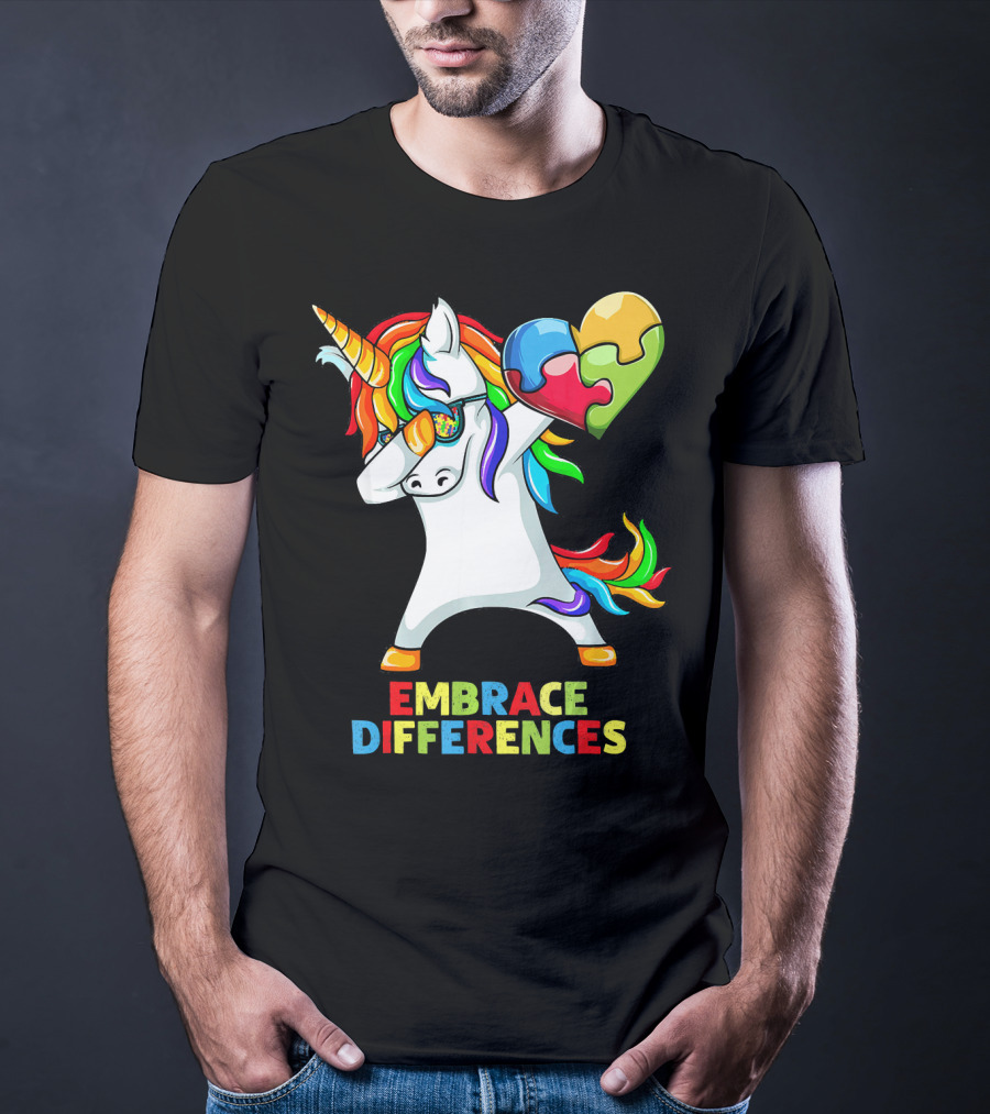 Dabbing Unicorn Embrace Differences Autism Puzzle Heart T-Shirt