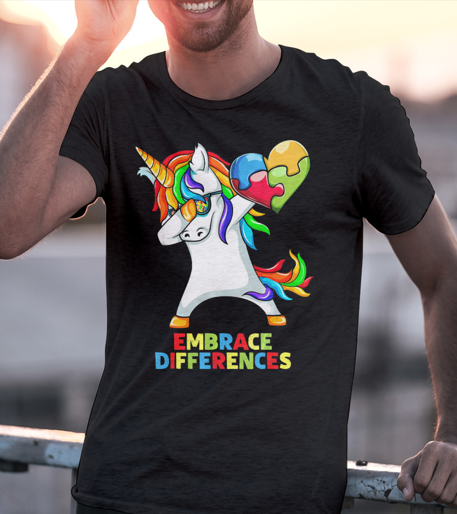 Dabbing Unicorn Embrace Differences Autism Puzzle Heart T-Shirt