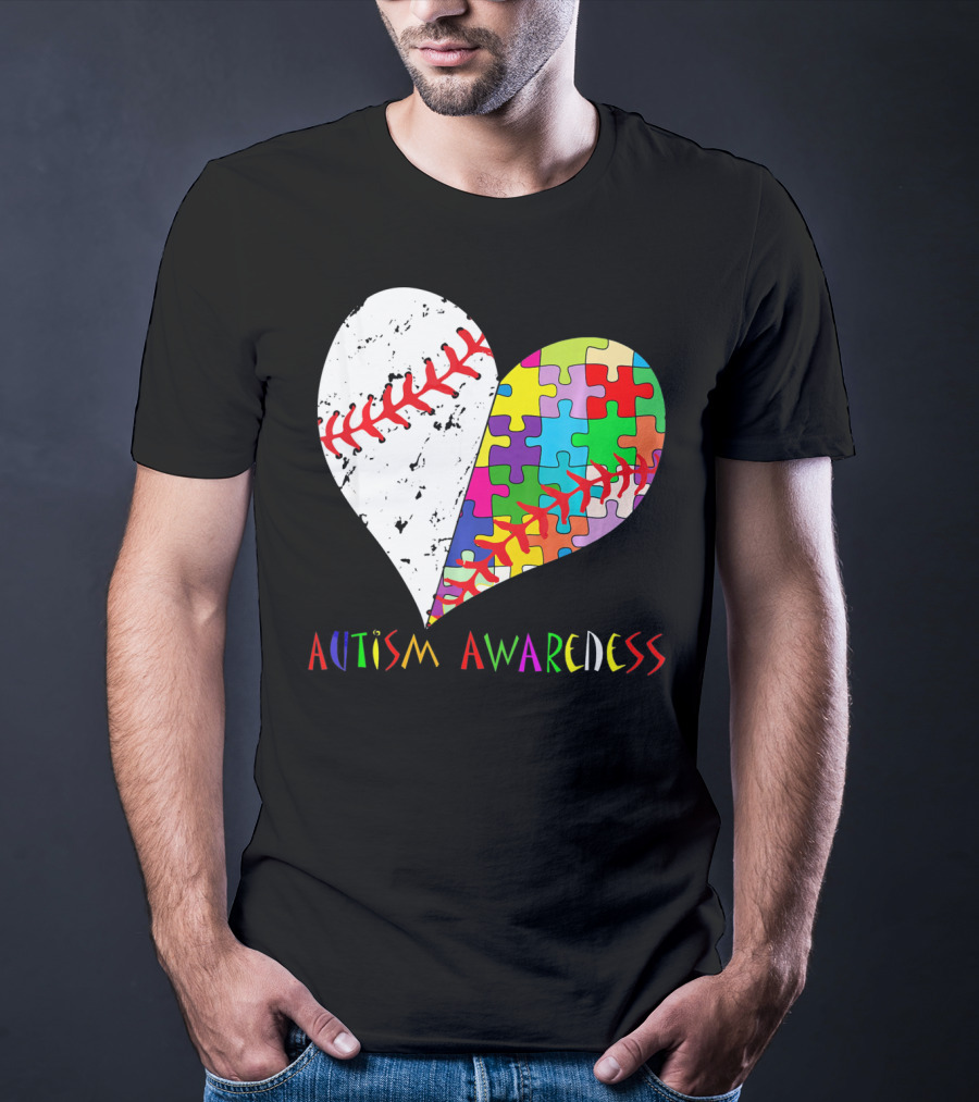 Swing For A Cause Baseball Heart Autism Awareness Puzzle Pieces T-Shirt
