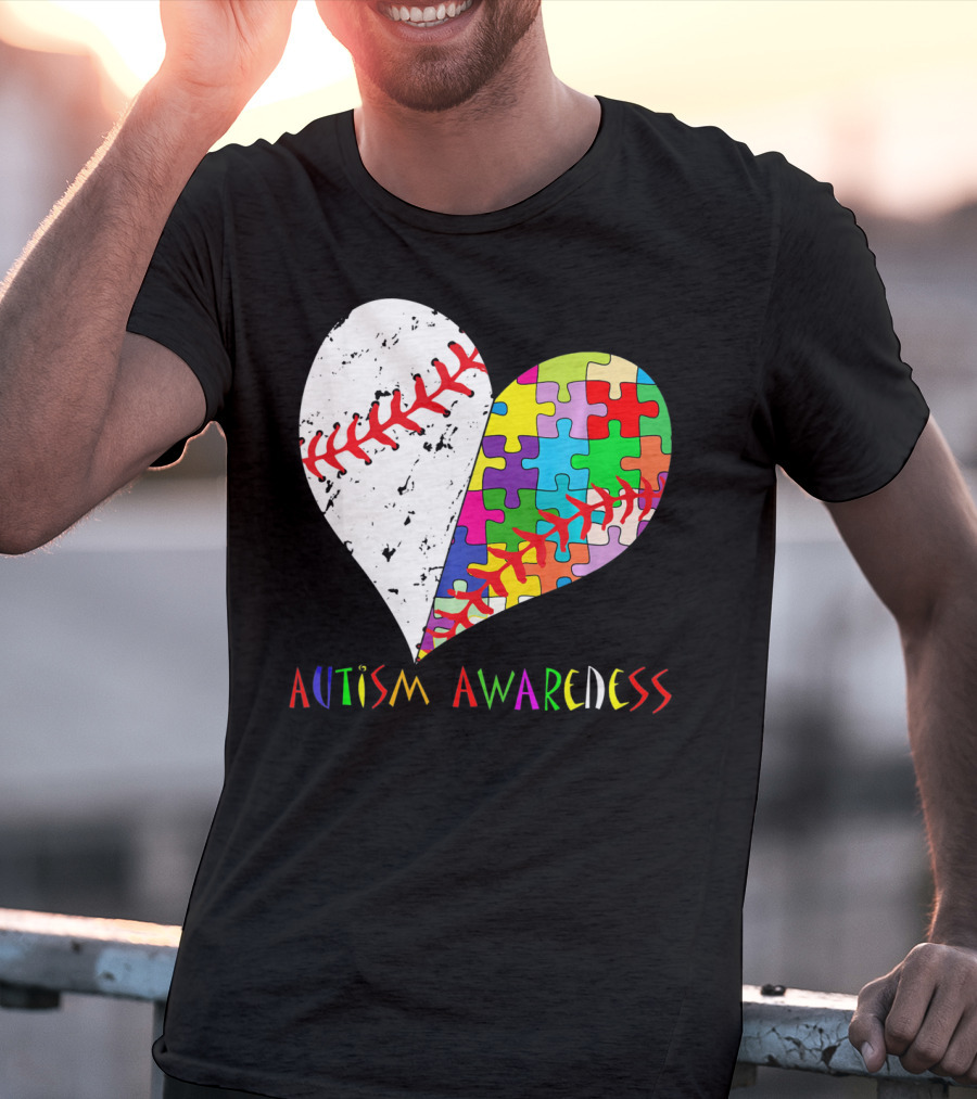 Swing For A Cause Baseball Heart Autism Awareness Puzzle Pieces T-Shirt