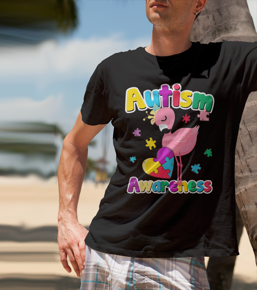 Autism Awareness Flamingo Heart Puzzle Pieces T-Shirt