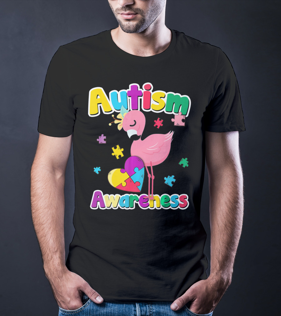 Autism Awareness Flamingo Heart Puzzle Pieces T-Shirt