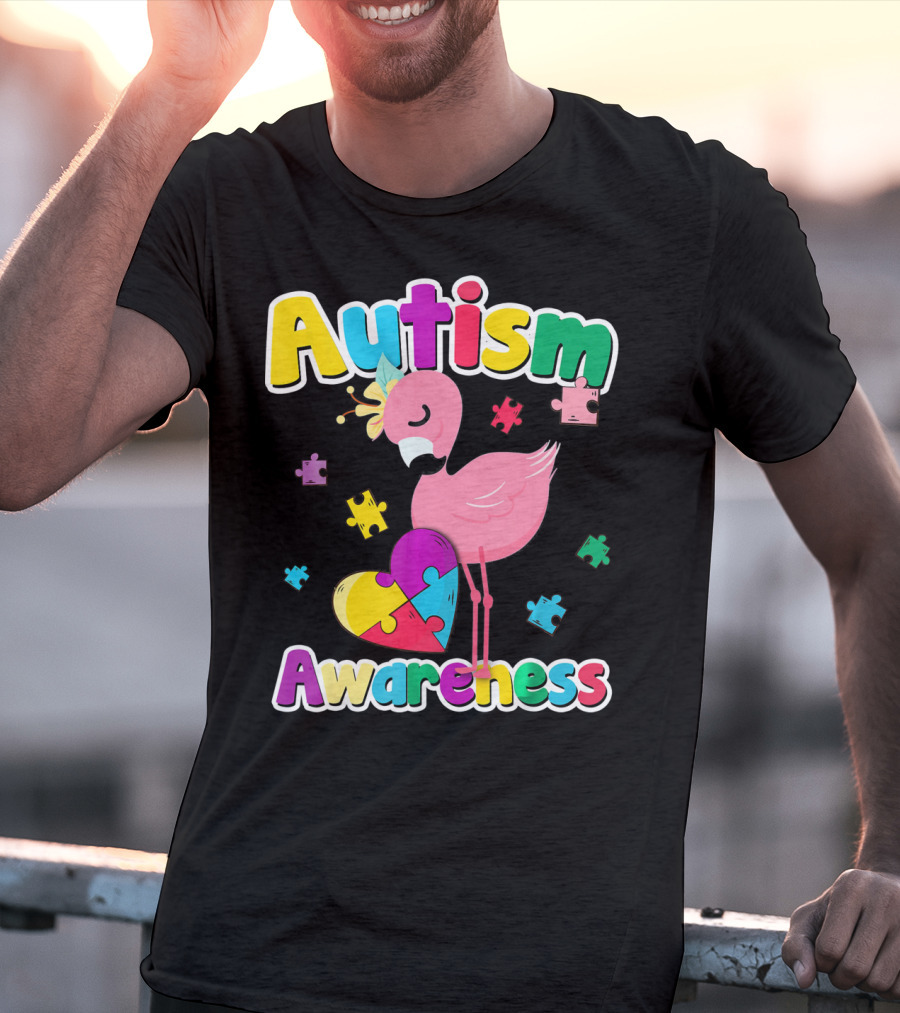 Autism Awareness Flamingo Heart Puzzle Pieces T-Shirt