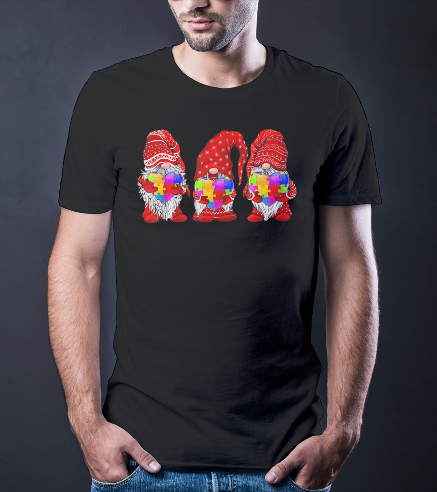 Autism Awareness Gnomies Red Hats Holding Colorful Puzzle Pieces T-Shirt
