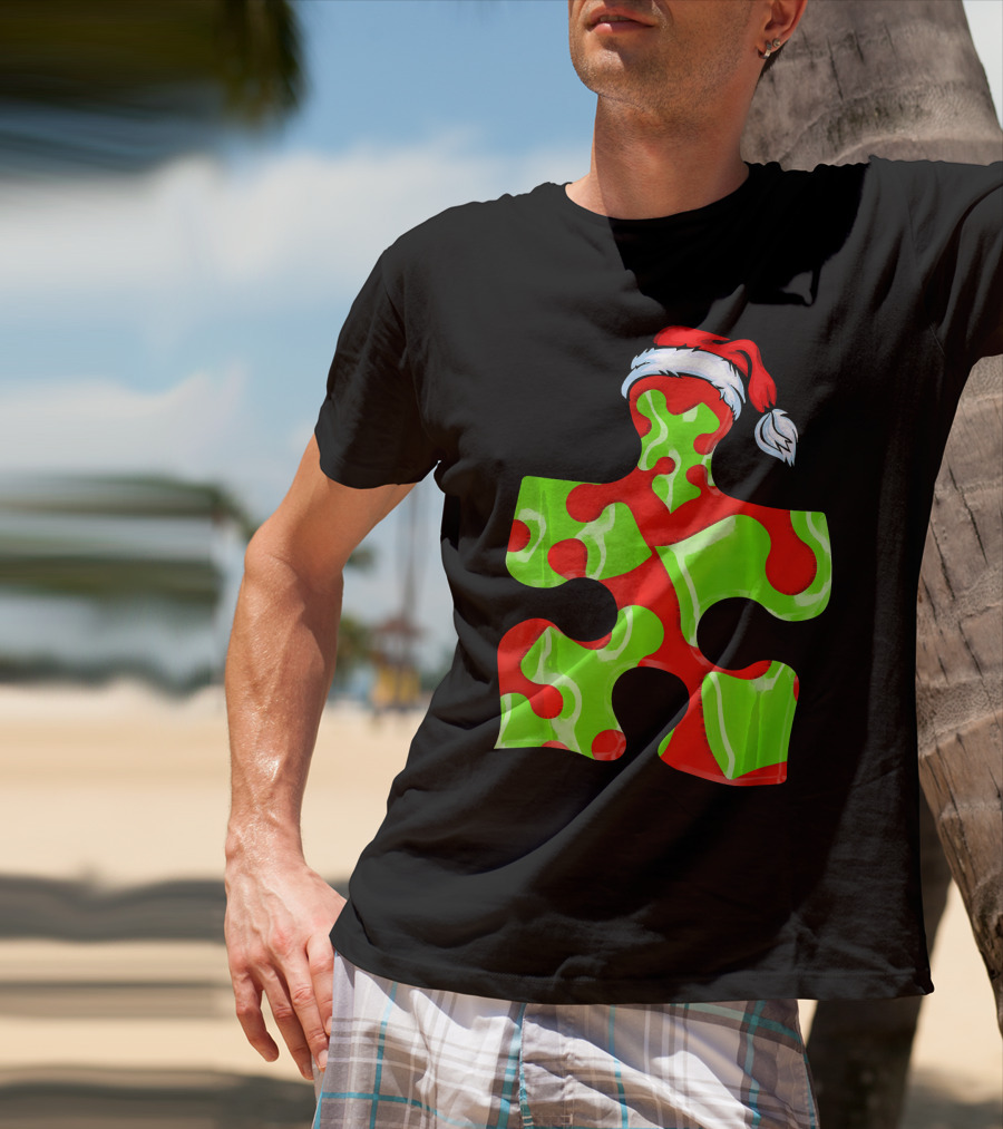 Puzzle Piece Santa Hat Red Green Autism Awareness T-Shirt