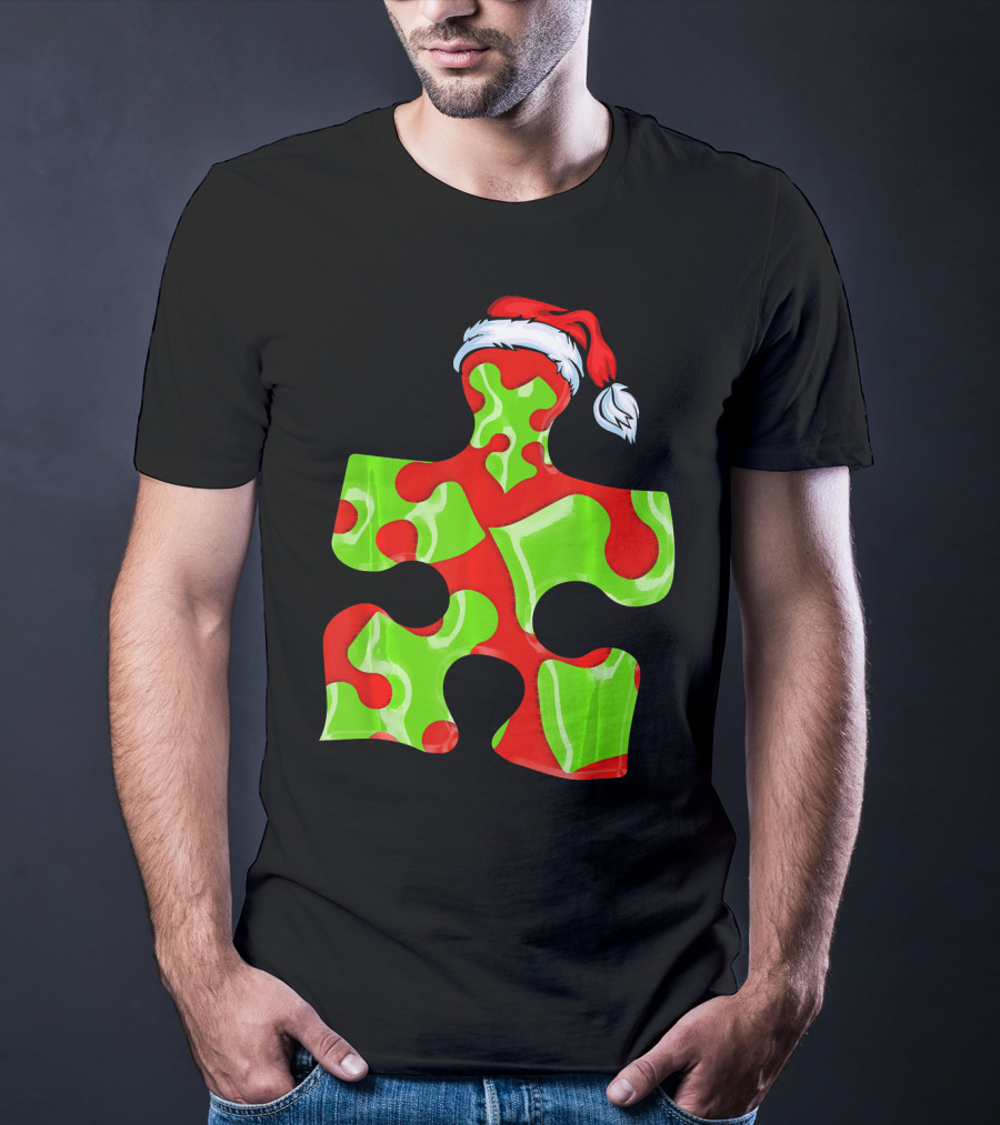 Puzzle Piece Santa Hat Red Green Autism Awareness T-Shirt