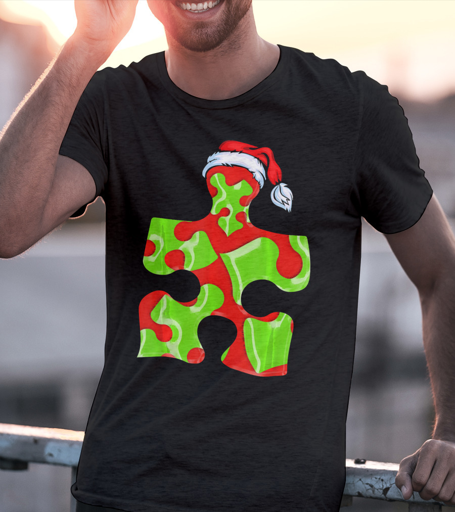 Puzzle Piece Santa Hat Red Green Autism Awareness T-Shirt