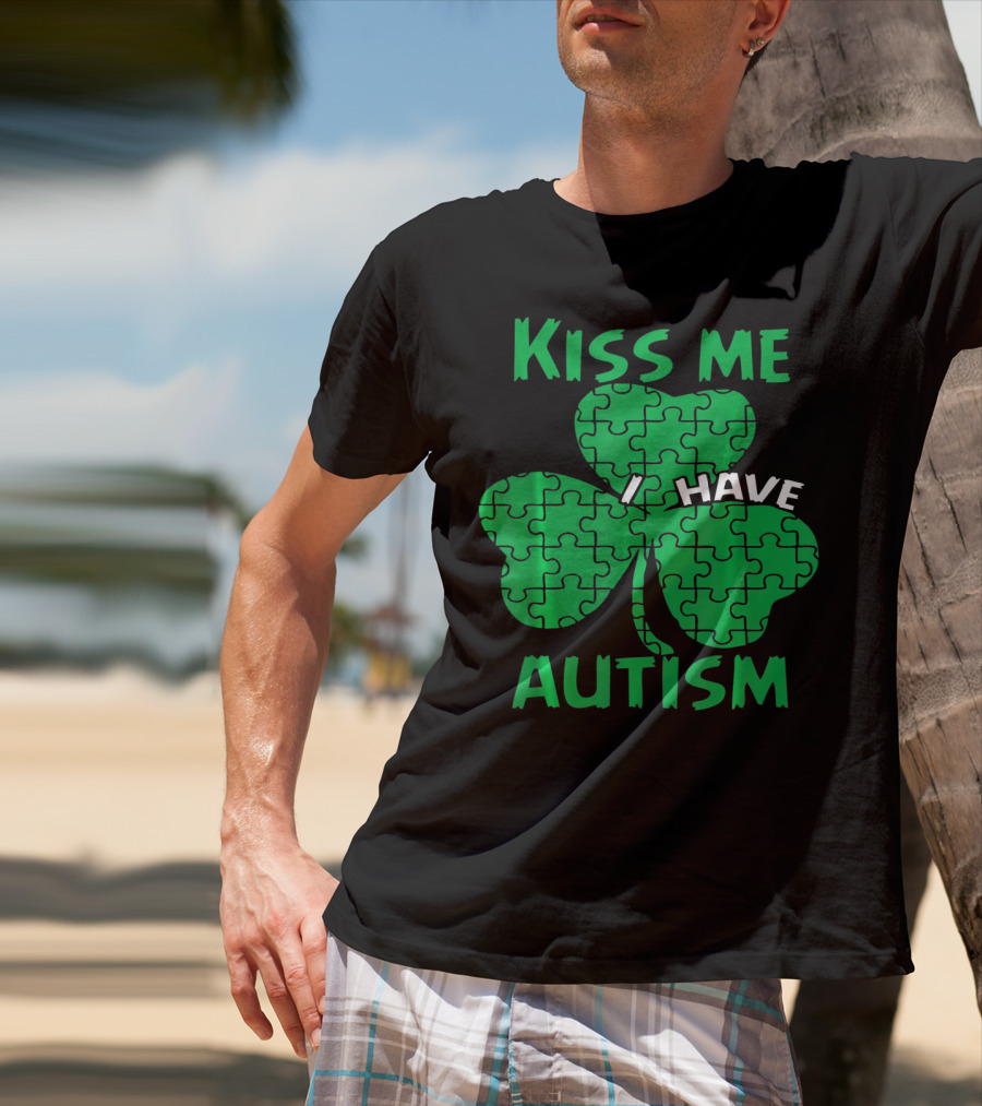 Kiss Me I Have Autism Awareness Shamrock Puzzle T-Shirt