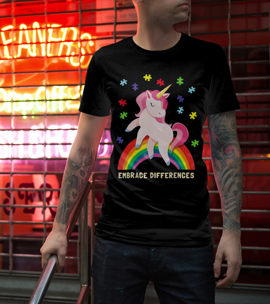 Embrace Differences Autism Awareness Youth Unicorn Rainbow Puzzle Pieces T-Shirt