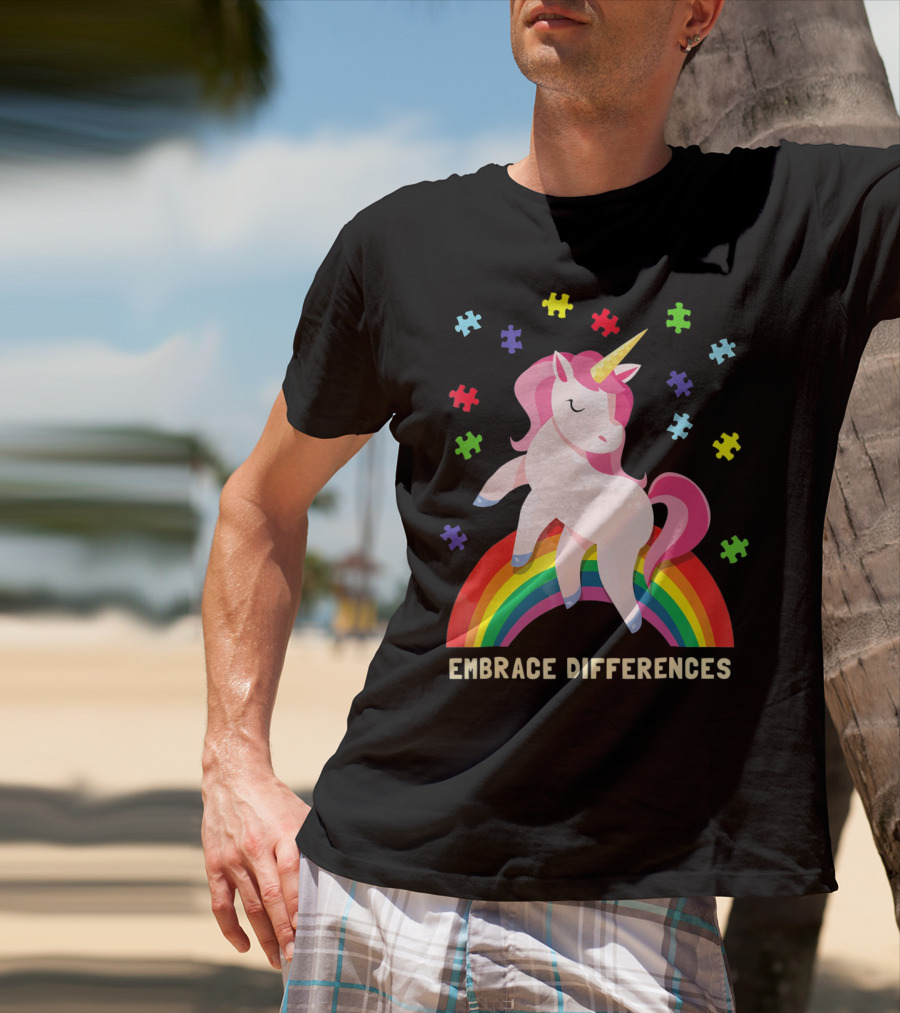Embrace Differences Autism Awareness Youth Unicorn Rainbow Puzzle Pieces T-Shirt