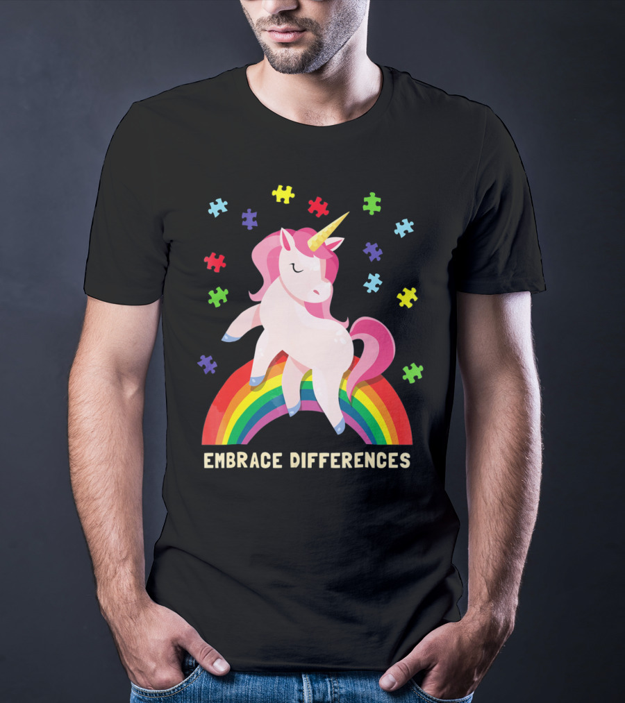 Embrace Differences Autism Awareness Youth Unicorn Rainbow Puzzle Pieces T-Shirt