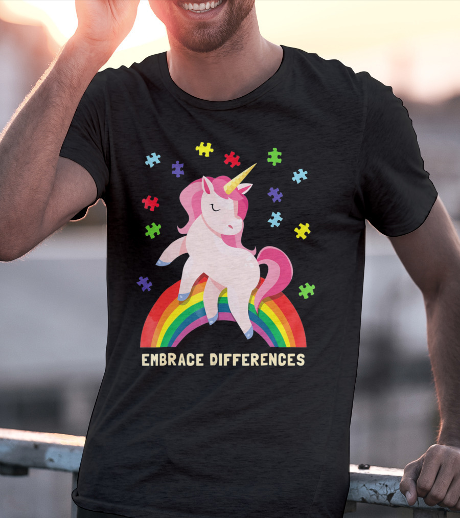 Embrace Differences Autism Awareness Youth Unicorn Rainbow Puzzle Pieces T-Shirt