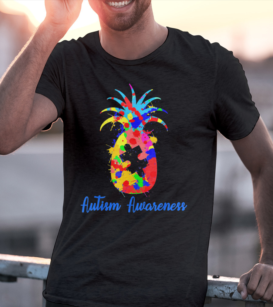 Pineapple Puzzle Piece Autism Awareness Colorful Paint Splatter T-Shirt