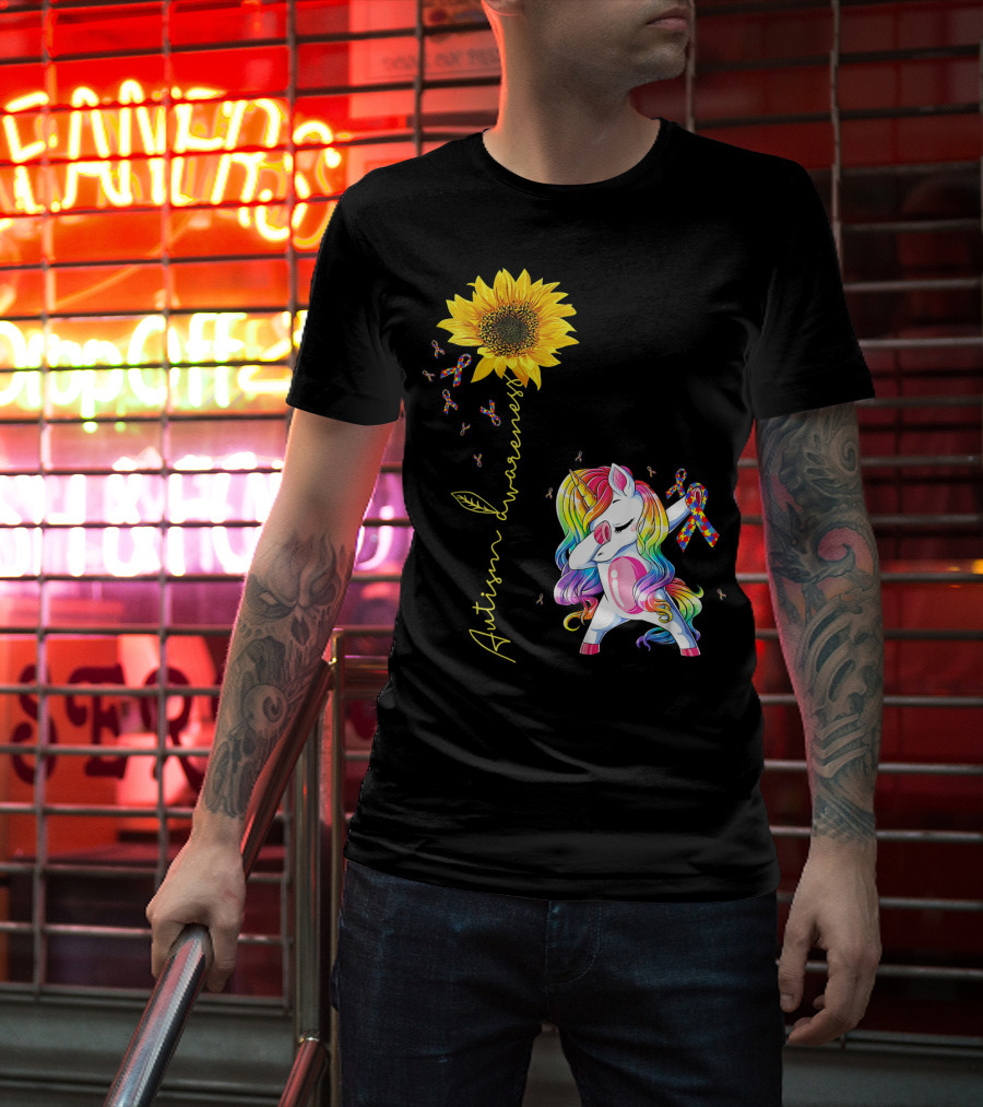 Autism Awareness Unicorn With Rainbow Ribbon Sunflower T-Shirt