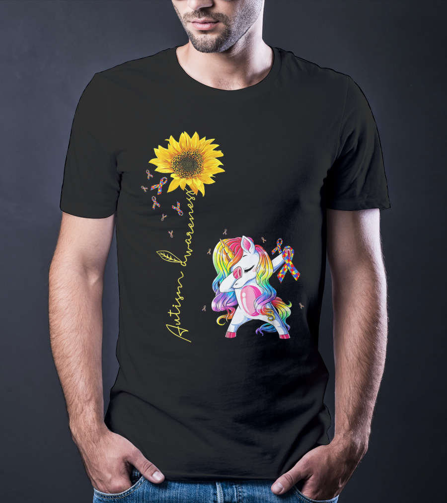 Autism Awareness Unicorn With Rainbow Ribbon Sunflower T-Shirt