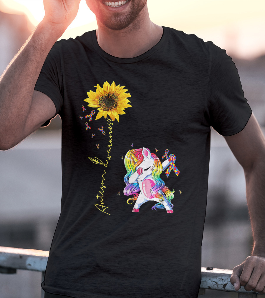 Autism Awareness Unicorn With Rainbow Ribbon Sunflower T-Shirt