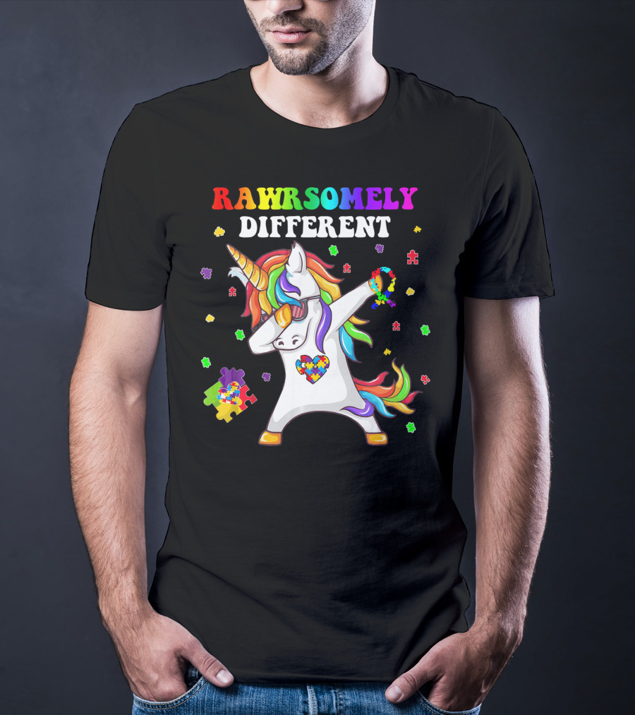 Rawrsomely Different Unicorn Autism Awareness Puzzle Pieces Dabbing T-Shirt
