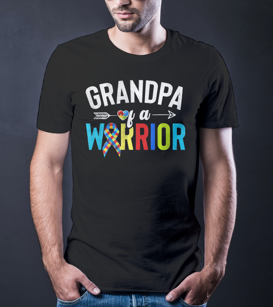 Grandpa Of A Warrior Autism Awareness Puzzle Ribbon Heart T-Shirt