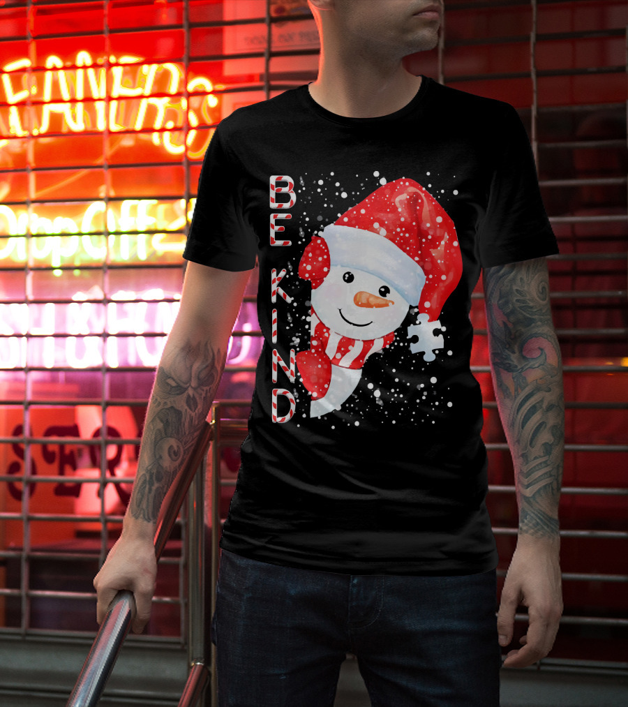 Be Kind Snowman Santa Hat Autism Puzzle Piece Holiday T-Shirt