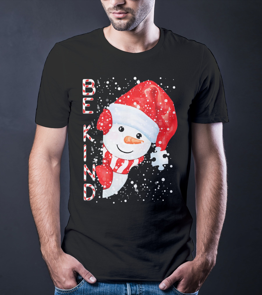 Be Kind Snowman Santa Hat Autism Puzzle Piece Holiday T-Shirt