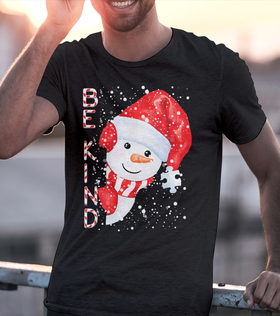 Be Kind Snowman Santa Hat Autism Puzzle Piece Holiday T-Shirt