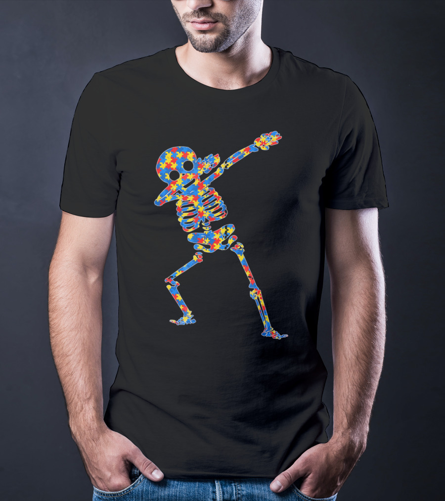Halloween Autism Skeleton Dabbing Puzzle Pattern Awareness T-Shirt