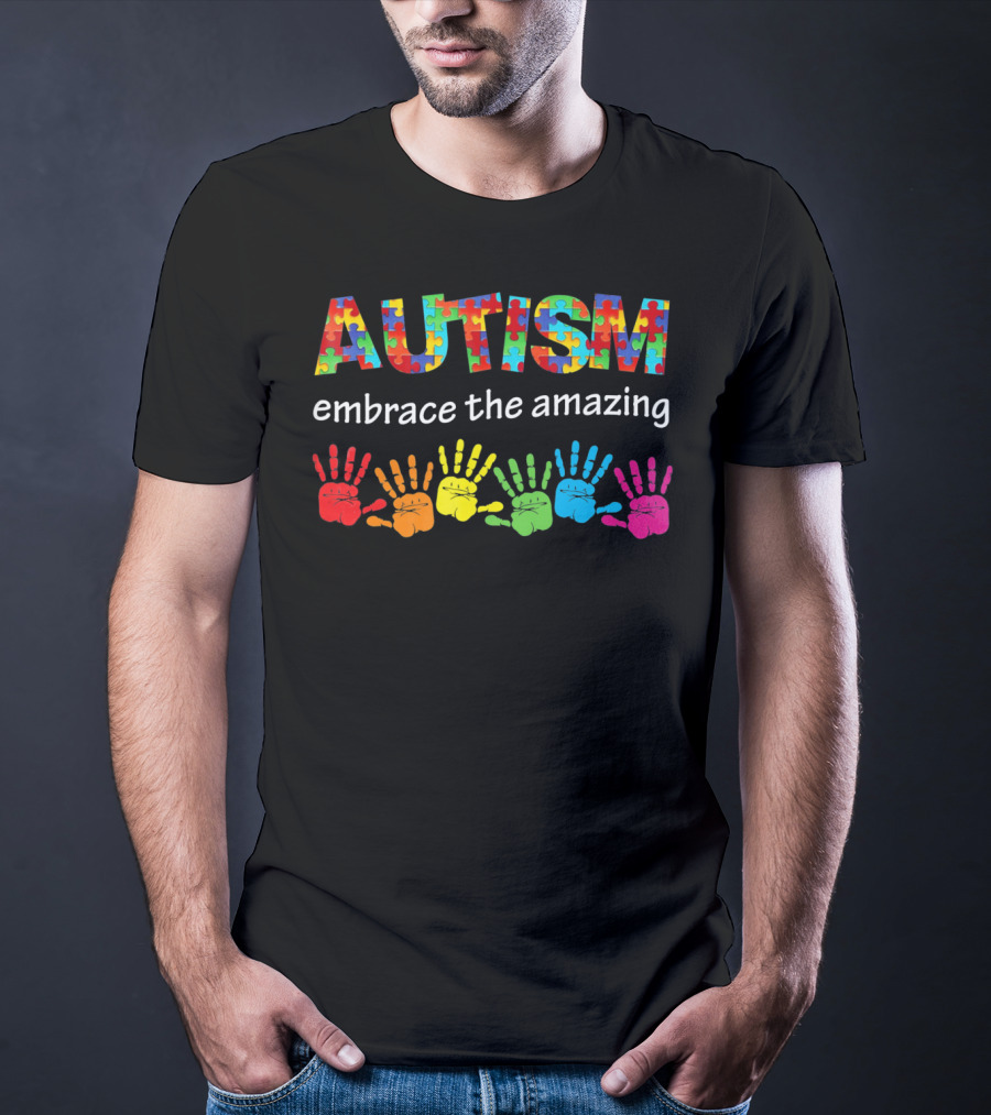 AUTISM Embrace The Amazing Rainbow Handprints Puzzle T-Shirt