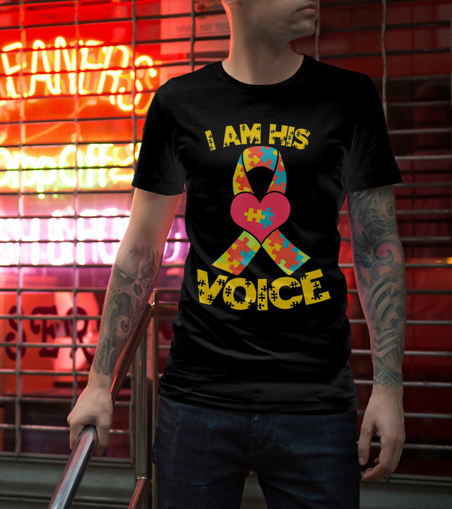 I Am His Voice Autism Awareness Puzzle Ribbon Heart T-Shirt