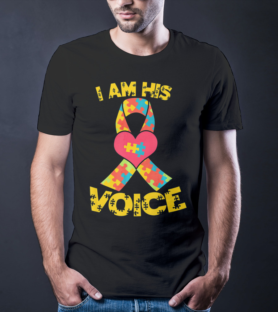 I Am His Voice Autism Awareness Puzzle Ribbon Heart T-Shirt