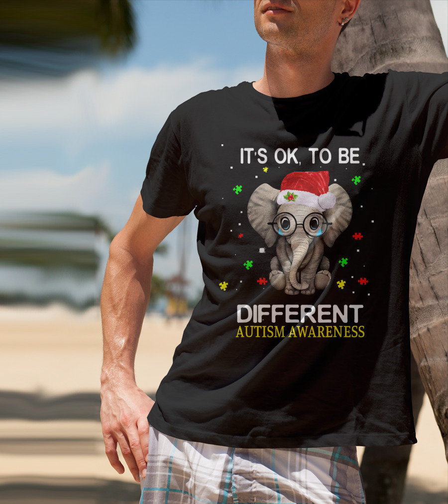 Its OK To Be Different Elephant Autism Awareness Santa Hat Puzzle Pieces T-Shirt