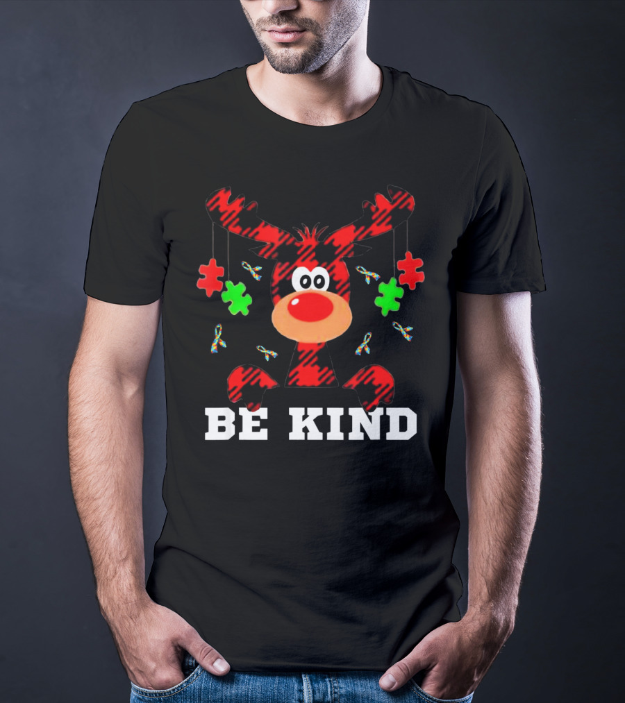Be Kind Autism Awareness Christmas Reindeer Puzzle Pieces T-Shirt
