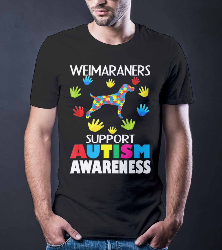 Weimaraners Support Autism Awareness Puzzle Piece Dog With Colorful Hands T-Shirt