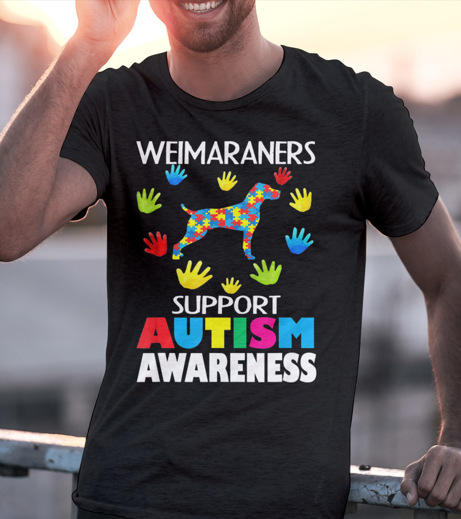 Weimaraners Support Autism Awareness Puzzle Piece Dog With Colorful Hands T-Shirt