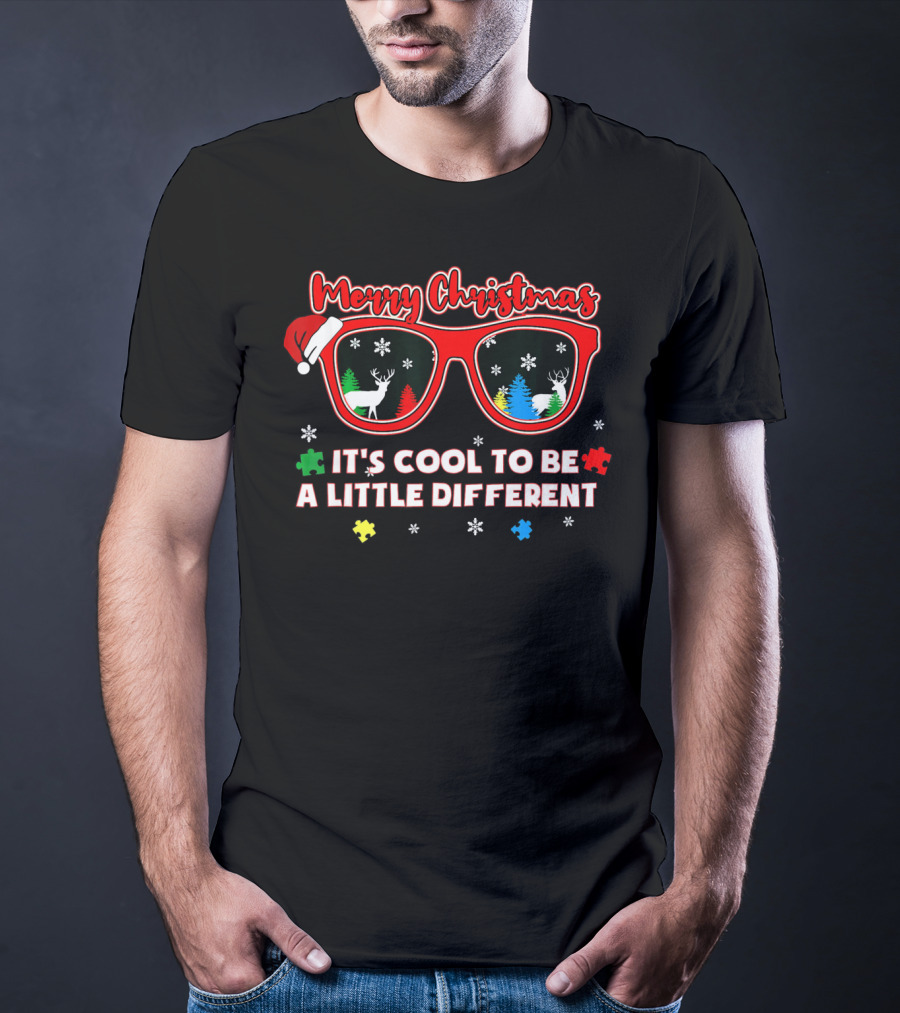 Merry Christmas Autism Awareness Santa Sunglasses It's Cool To Be A Little Different T-Shirt