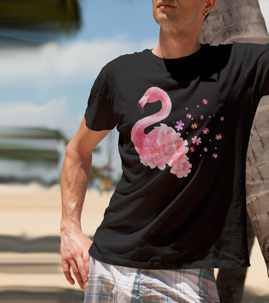 Flamingo Puzzle Autism Awareness Floral Elements T-Shirt